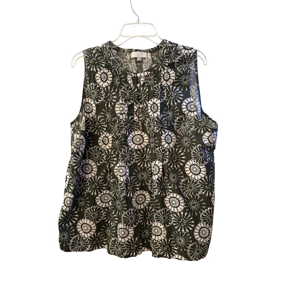 Loft Floral Sleeveless Blouse Green White Lightweight Cotton Coastal Top Size XL